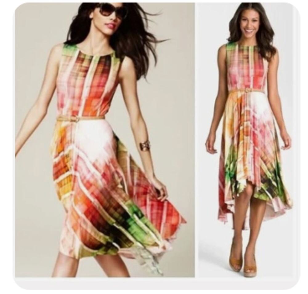 Suzi Chin Pleated Colorful Sleeveless Hi Low Midi Dress Size 4